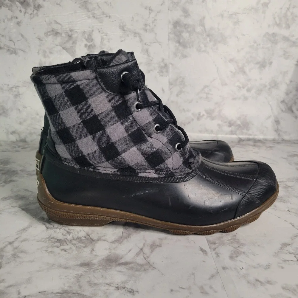 Sperry Saltwater Duck Boots Womens Black Grey Buffalo Plaid‎ Flannel